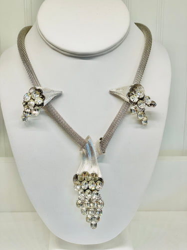 Silver Mesh and Rhinestone Necklace Earring Set Jewelry Bloomers and Frocks
